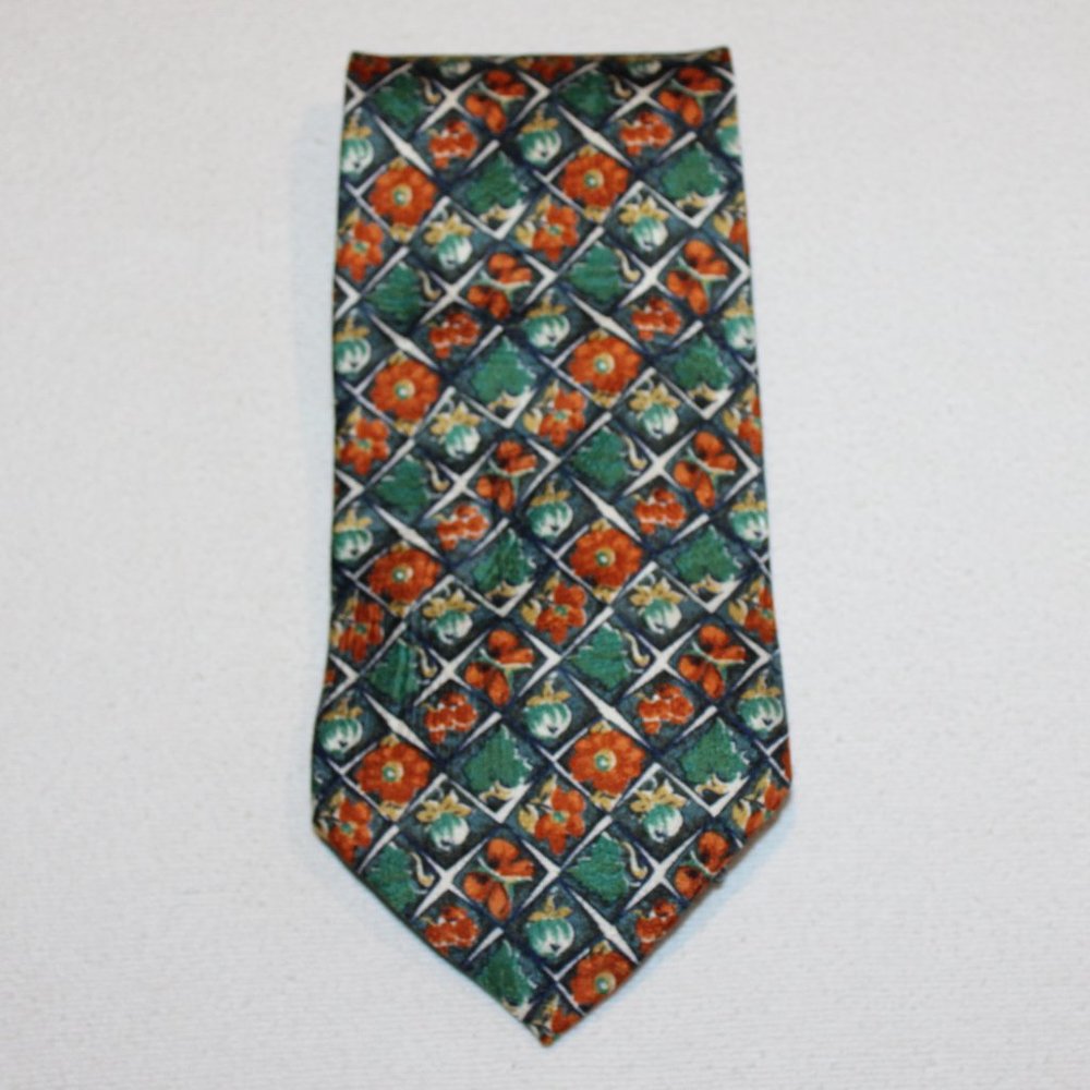 Ermenegildo Zegna 100% silk necktie green orange flower butterfly leaf Italy tie - Picture 1 of 8